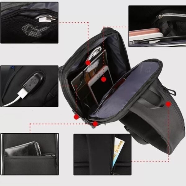 Mochila Cruzada Hombre Impermeable Negra con USB - Image 10