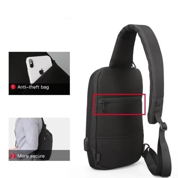 Mochila Cruzada Hombre Impermeable Negra con USB - Image 6